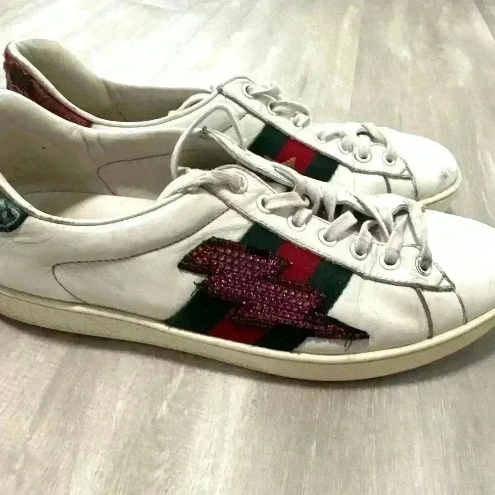 Gucci White Leather Ace Sneakers Lightning Bolt Star Red Green Mens Size 8G - Picture 7 of 14